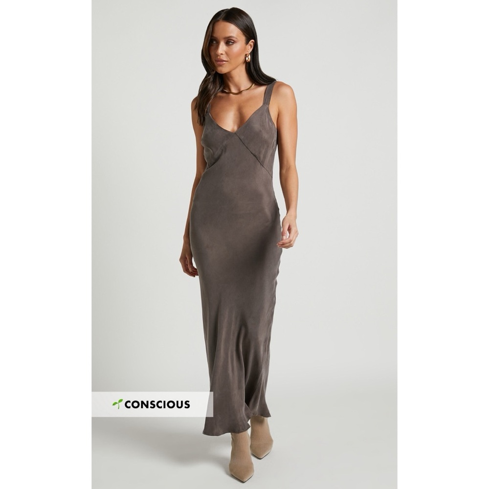 Showpo Kaya Midi Dress - Cupro Slip Dress in Warm Grey Size 10 XL